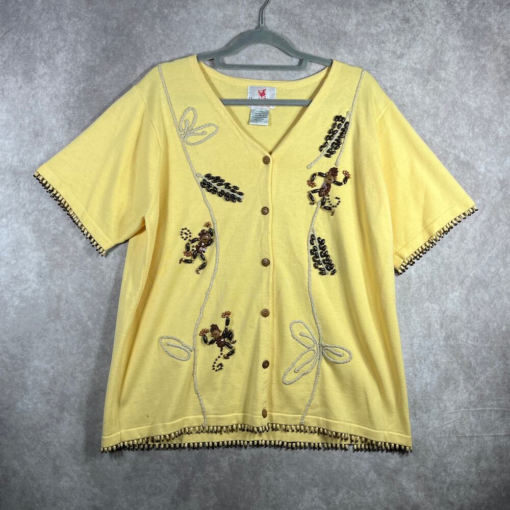 Quacker Factory Cardigan Sweater Womens XL Yellow Knit Beaded Short Sleeve Artsy